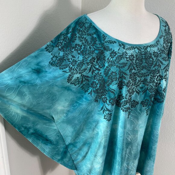 Dressbarn Woman Plus 3X Green Batwing Sleeve Top Beaded Floral Design Shirt - Picture 2 of 10